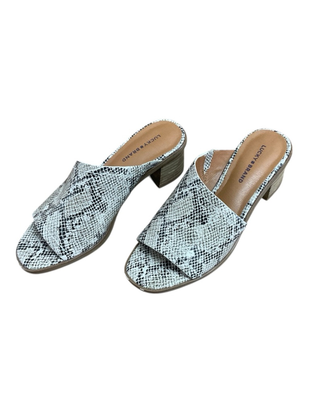 Lucky Brand Jamira Asymmetrical Leather Mules - Snake Print - Size 7,5